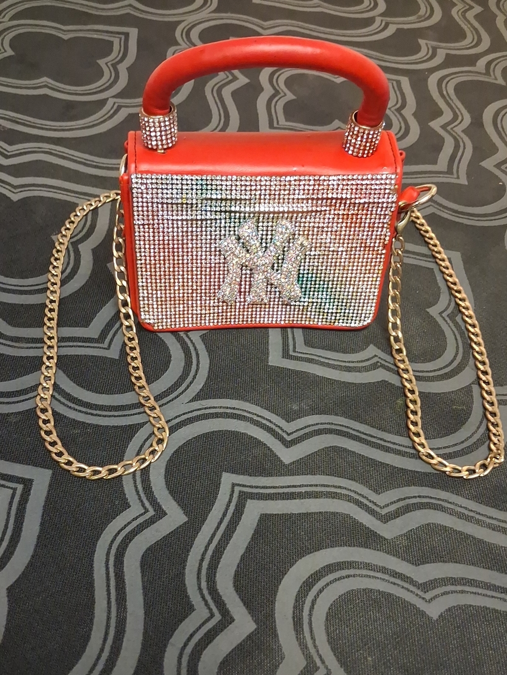 Red Rhinestone Accent Box Handbag with Gold Chain